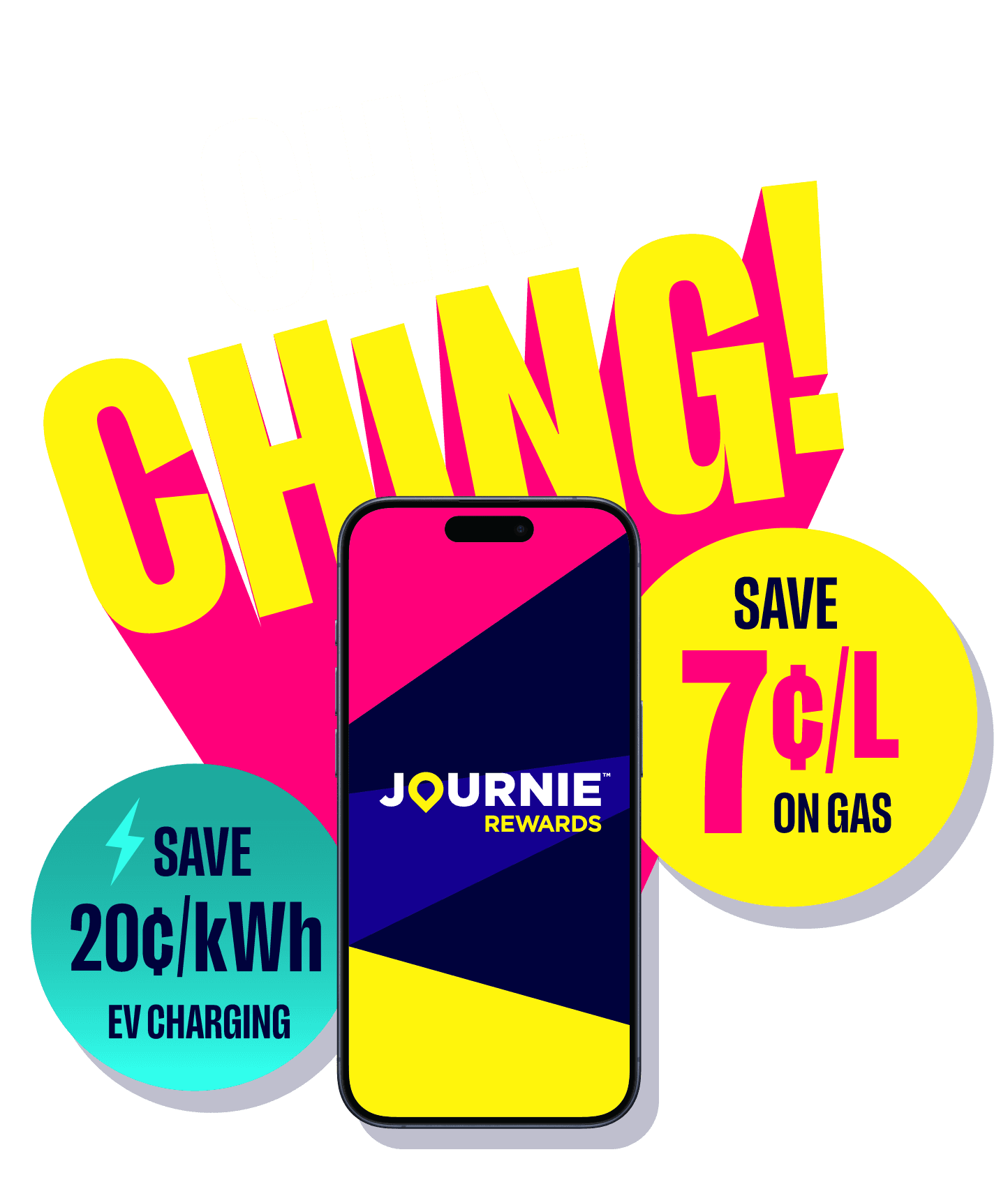 Text that says "Cha-Ching" next to a statement that says "save 7 c/l next to a Journie phone and QR code for download.