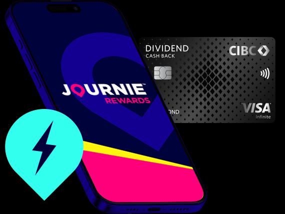Phone with Journie Rewards open next to a CIBC bank card.